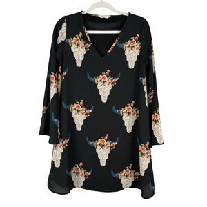 Peach Love Women's Small V-Neck Tunic Dress Black Floral Skull Rodeo Party Core